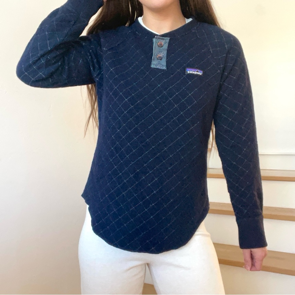 Patagonia Wool Blend Diamond Quilted Navy Blue Pullover Henley Top Sweater Small